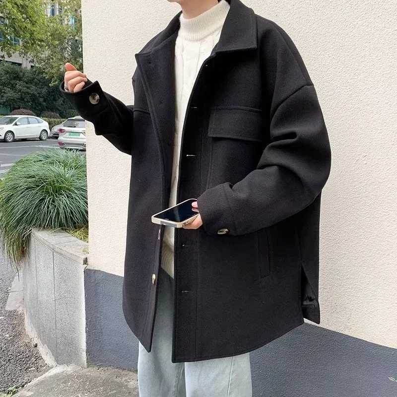 2025 Mens Thickened Mid to Long Woolen Windbreaker for Autumn and Winter Mens Outerwear with a Sense of Fit Youth Woolen Coat XJ250809