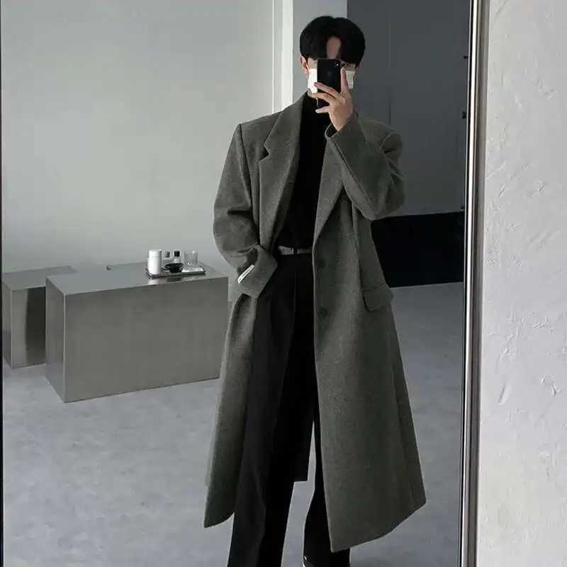 IEFB Korean Style Mens Wool Coats Single Breasted Solid Color Overknee Thickened Male Windbreakers Spring Tide 2025 9C7831 XJ250809
