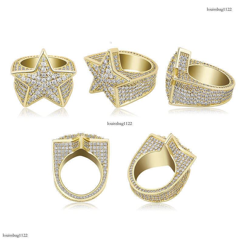 Ins Style Pentagram Full Zircon Hip Hop Men's Trendy Ring Gold Jewelry