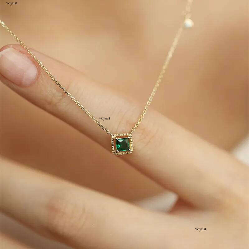 Sterling Sier Square Green Zircon Clavicle Charm Pendant Necklace for Women Wedding 14k Gold Plated Jewelry Gift