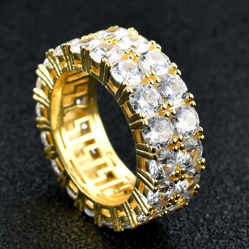 Mens Cluster Hip Hop Ring with Micro Set Double Rows of Cubic Zircons