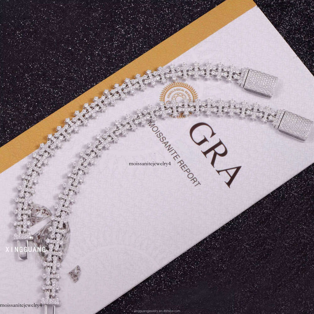 In Stock Vvs Iced Out Moissanite Dia 10mm Cross Cuban Link Chain Hip Hop Bracelet Sier Plate Gold Fine Jewelry Men