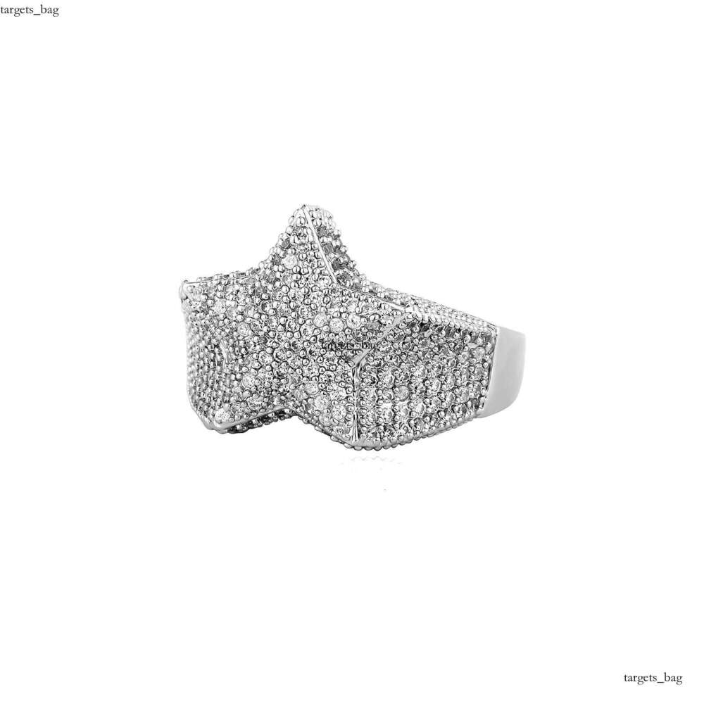 Hip Hop Full Diamond Pentagram Sterling Silver Gold Plated Street Style Personality Fashion Trendy Men's Versatile Ring