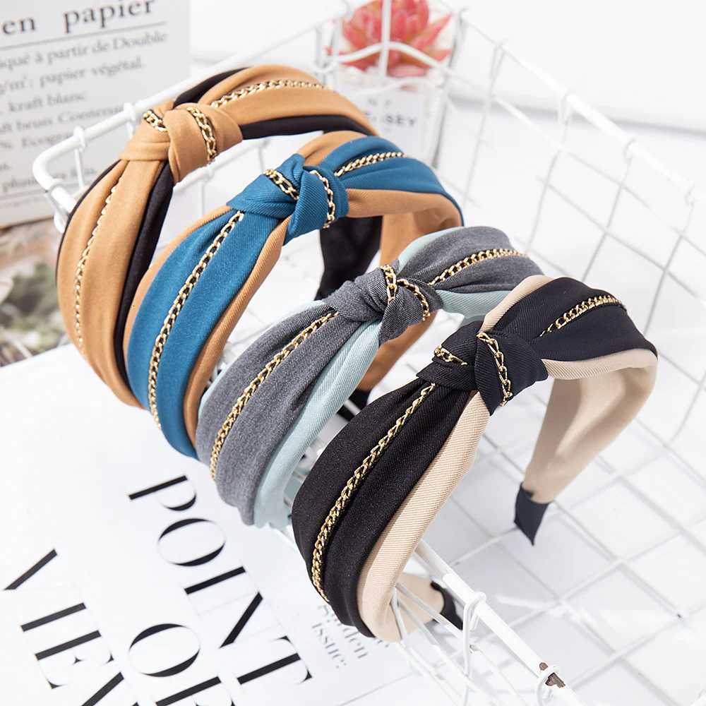 Wide Top Knot Hair Bands For Women Solid Color Chain Bow Elastic Hair Bezel Girls Band Hair Hoop Female Hair Accessories Y250809