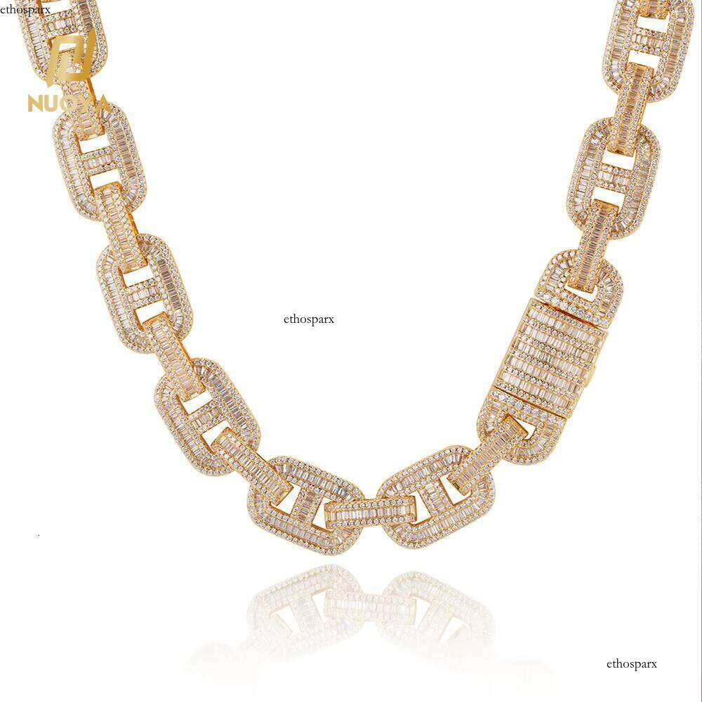 NUOYA Durable 15MM Cuban Link Chain Iced Out Bling Baguette Zircon Necklace Hip Hop Jewelry Personalized Gift
