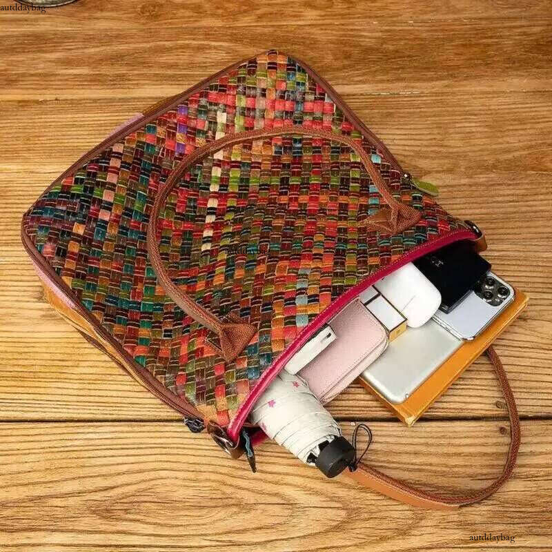 LOMANTINA Ultra Slim Genuine Leather Woven Knitting Ladies Large Purses And Handbags Women Designer Tote Travel Bags