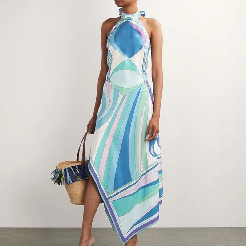 Satin Print Irregular Two Piece Sets Sexy Hanging Neck Top and Long Skirt Party Suit Fashion Backless Hollow Out Beach Outfits 250808