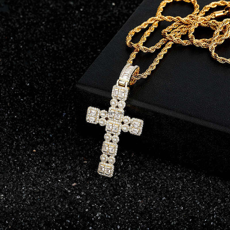 Hip Hop Double Row T Square Dia Rock Candy Cross Men's Trendy Full Moissanite chain Pendant