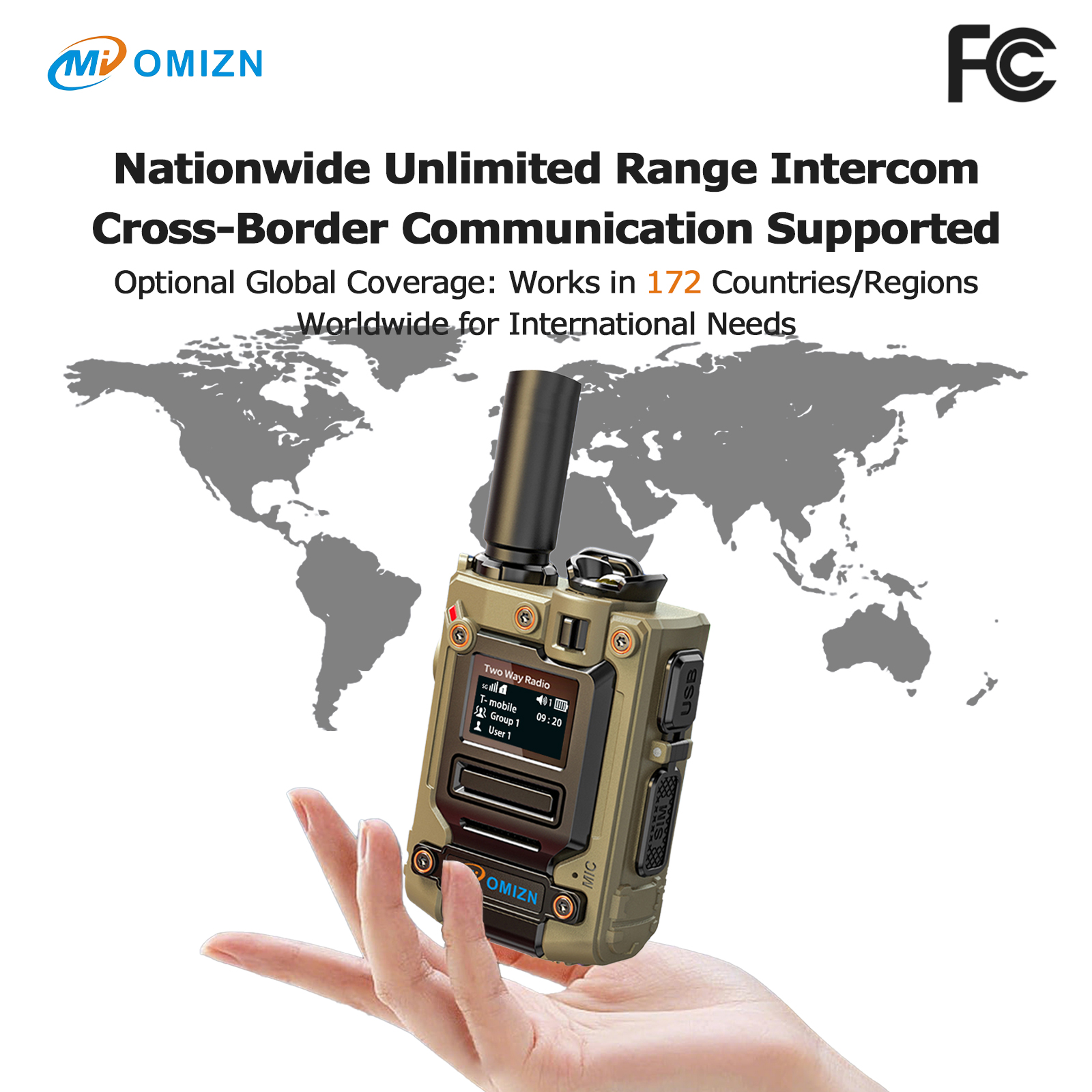 OMIZN 4G PoC Global Walkie Talkie Unlimited Range SIM Card AES256 Noise Reduction Type-C Charging IP65 Flashlight