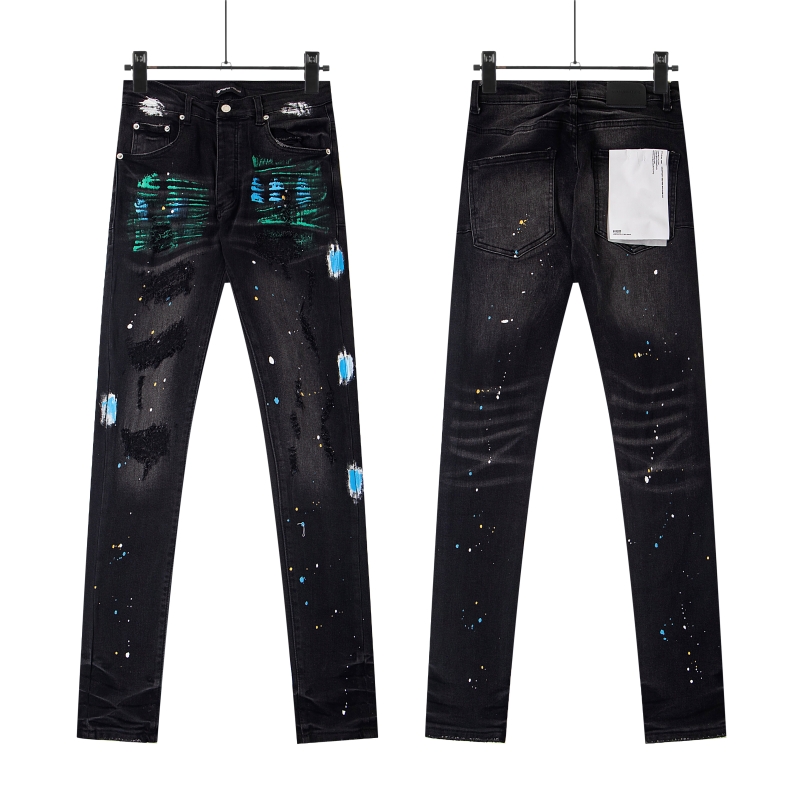 Designer purples mens Jeans New style Classic Letters Trousers High street ink-splashed ripped high-elastic slim jeans Y2k Jeans shorts