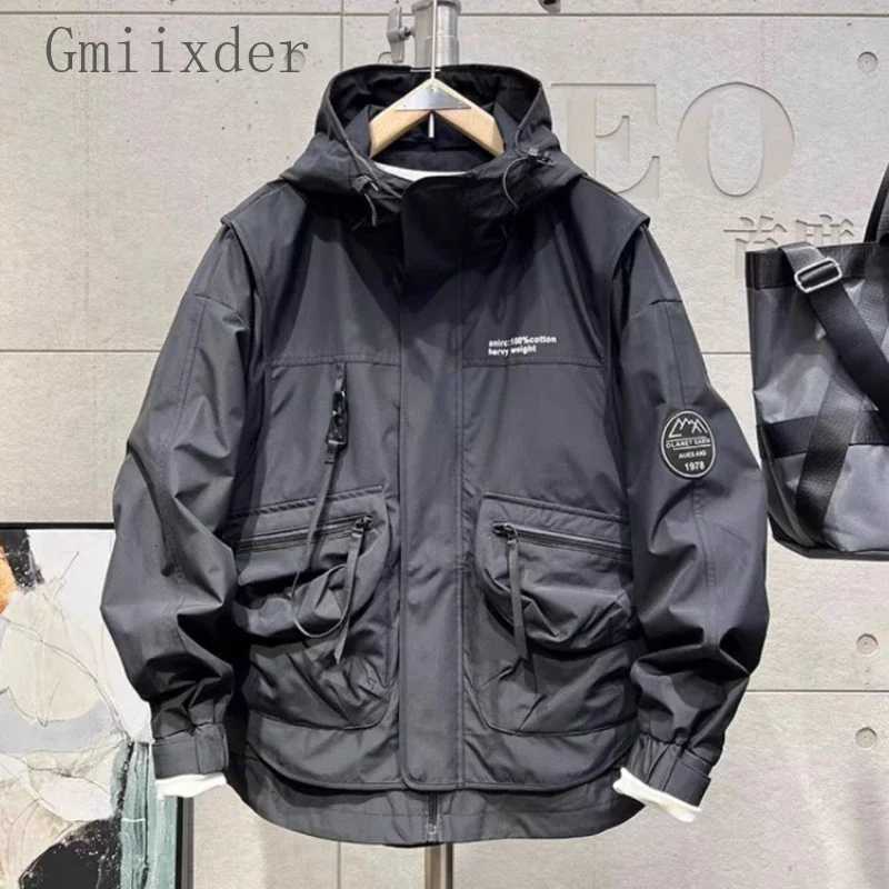 2023 Spring Autumn Cargo Jacket Patchdesign Zipper Hooded Multiple Pockets Coat Mens New Workwear Handsome Loose Outdoor Jacket W250809