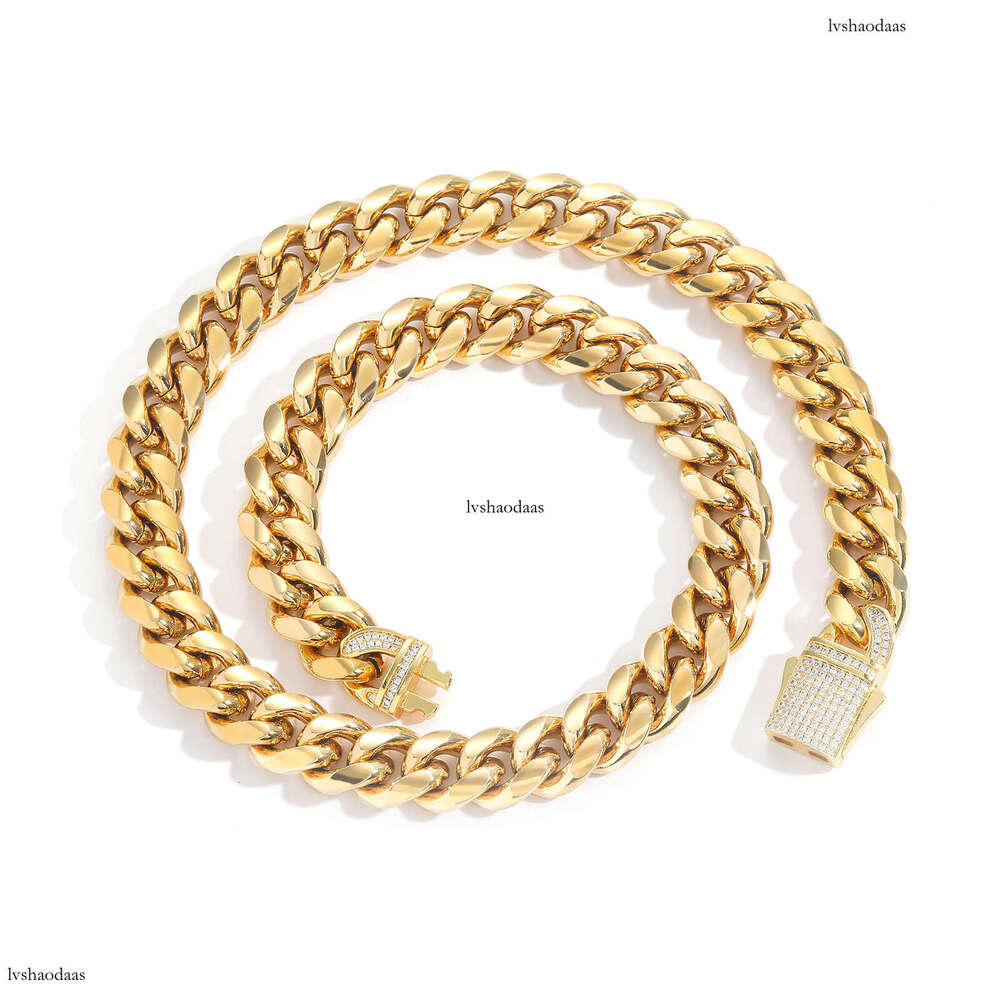 6mm-14mm Stainless Cuban Chain Titanium Steel Micro Paved Moissanite chain Spring Clasp Trendy Hip Hop Necklace