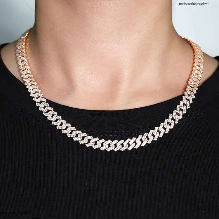 Pink Pure Sier Plated Gold 8mm Wide Handmade Insert 2 Rows Vvs Moissanite Cuban Link Chain
