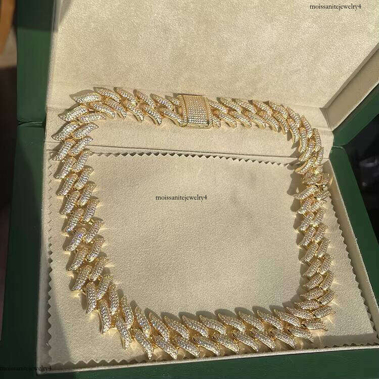 Hip Hop Jewelry Iced Out Necklace Gold Plated Sterling Sier VVS Round Moissanite Spiked Shape Cuban Link Chain
