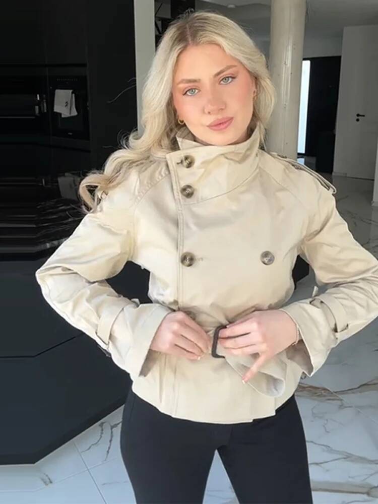 Spring Double Breasted Trench Coat With Belts Women Elegant Stand Collar Long Sleeve Jacket Office Lady Windbreaker Street Tops