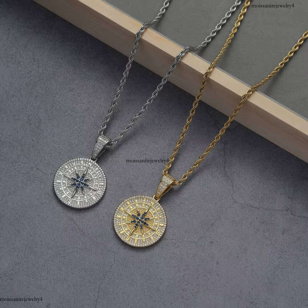 NUOYA Full Iced Out Dia Coin White Gold Plated Brass Micro Pave Blue Zircon Compass Charm Pendant