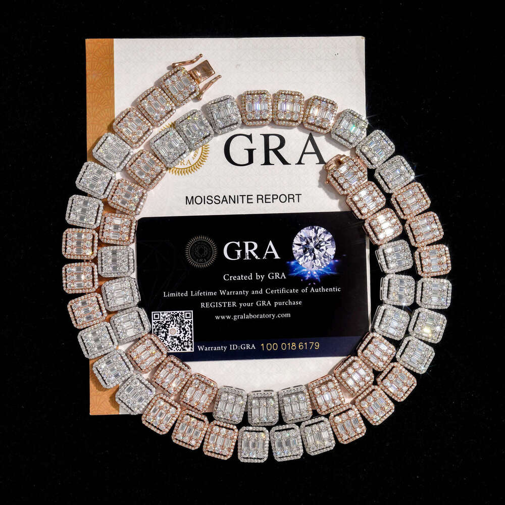 New Style Personality Hip-Hop Unisex Sier Inlaid Moissanite Two-Tone Square Cuban Chain