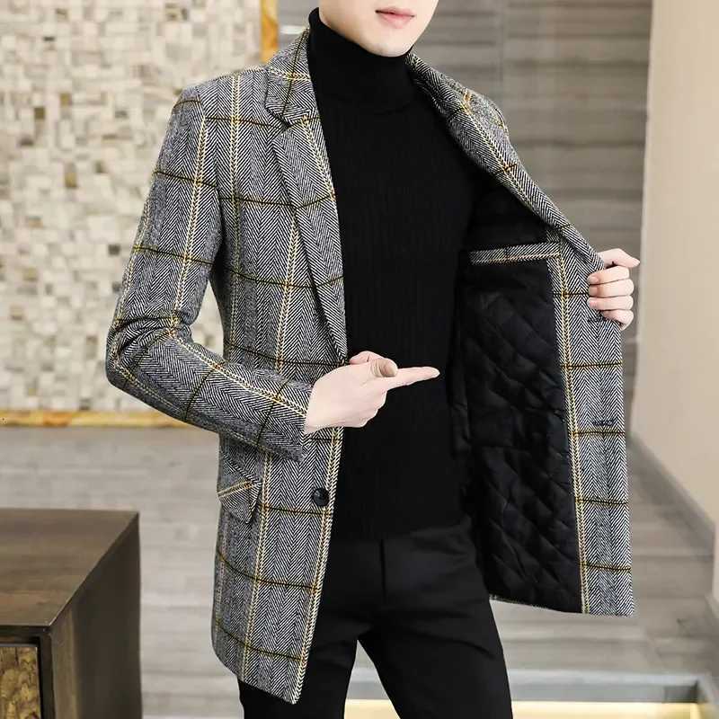 Mens Casual Woolen Coat Autumn Winter Mid-Long Plaid Cotton Wool Blends Coats Business Outerwear Overcoat Thick Warm Windbreaker XJ250809