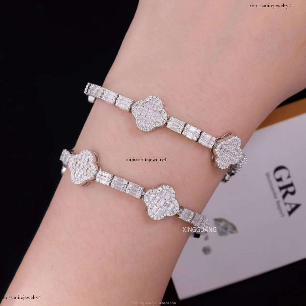 Fashion Baguette Cut Moissanite Clover 12mm Wide Hip Hop For Man Women S VVS Dia CloverTennis Bracelet