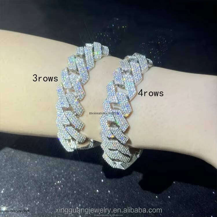 Custom S Sterling Sier White Gold Plated 3rows 15mm 20mm Cuban Link Heavy Necklace Vvs Moissanite Hip Hop Chain