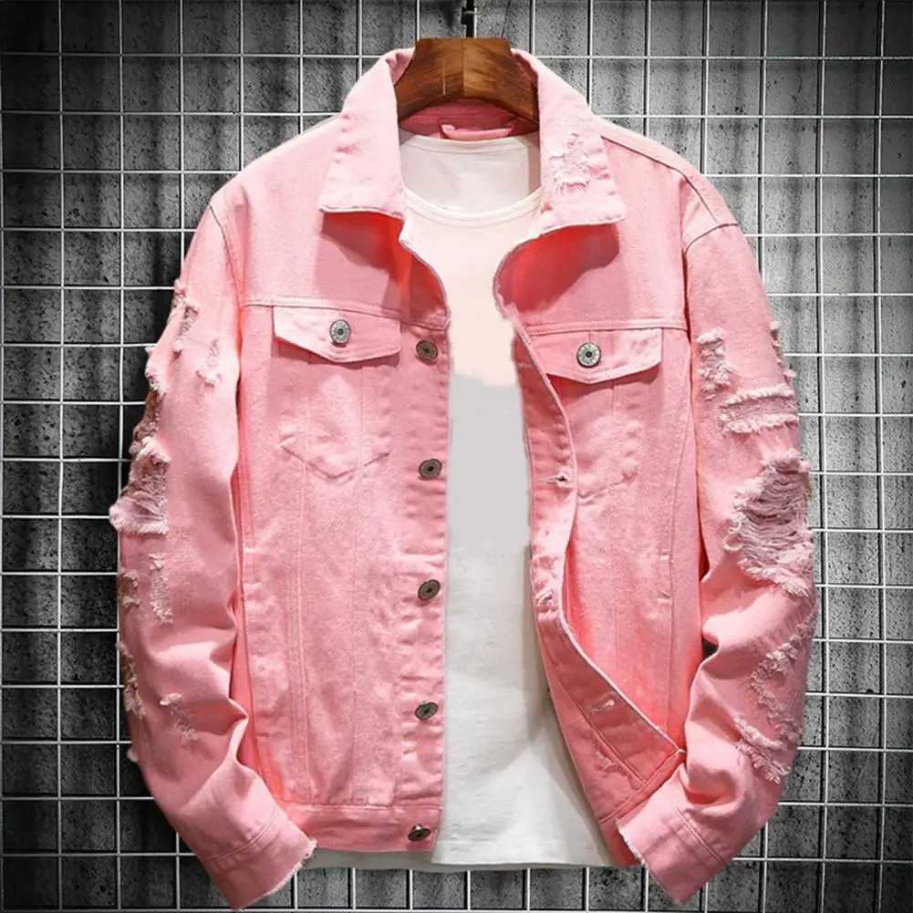 ipped Hole Jean Men Jackets Outerwear Verm Denim Coats Turndown Collar Loose Buttons Men Denim Jackets Solid Color Denim Coat W250809