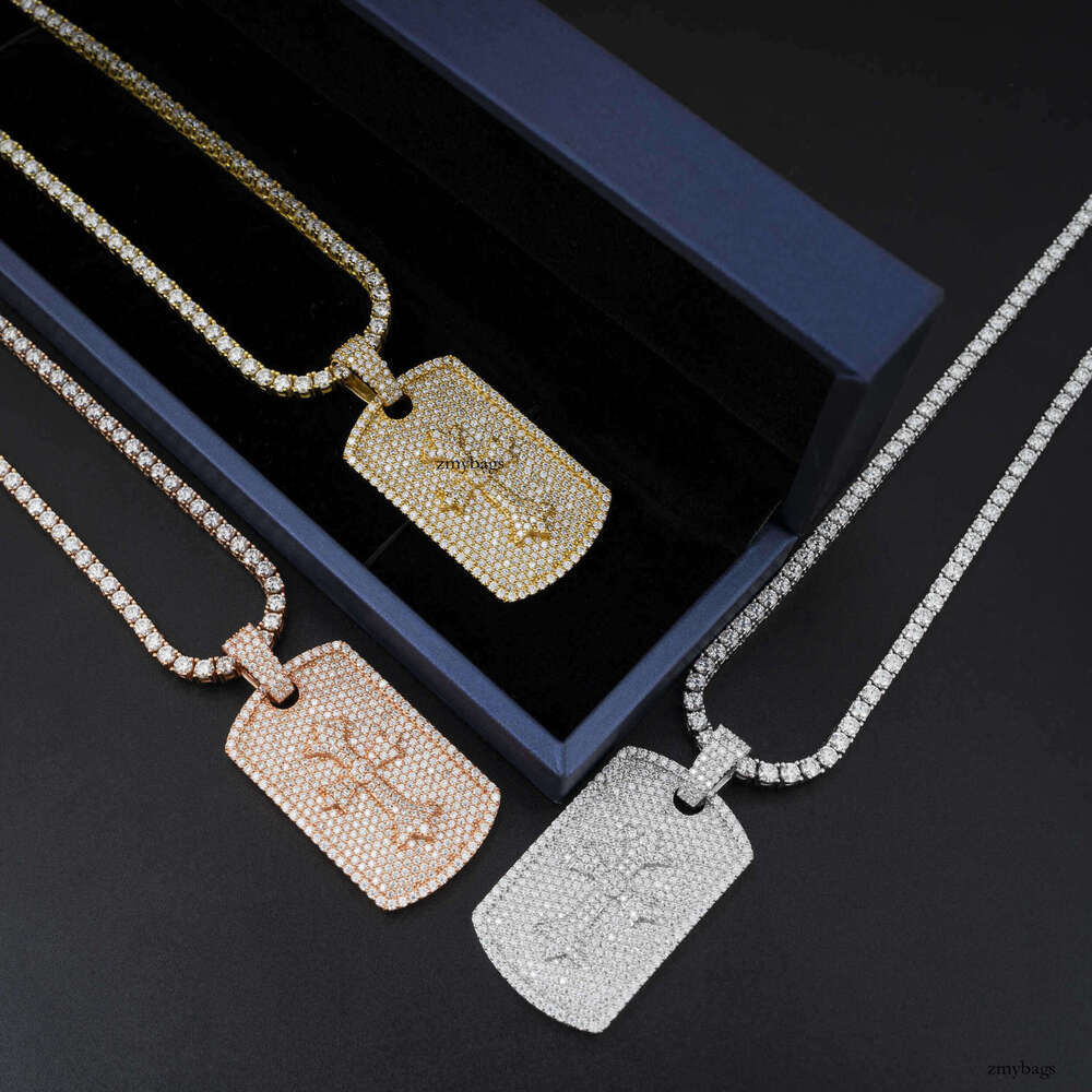 New Iced Out VVS Rectangular Tag Unisex Hip Hop Moissanite Pendant Necklace