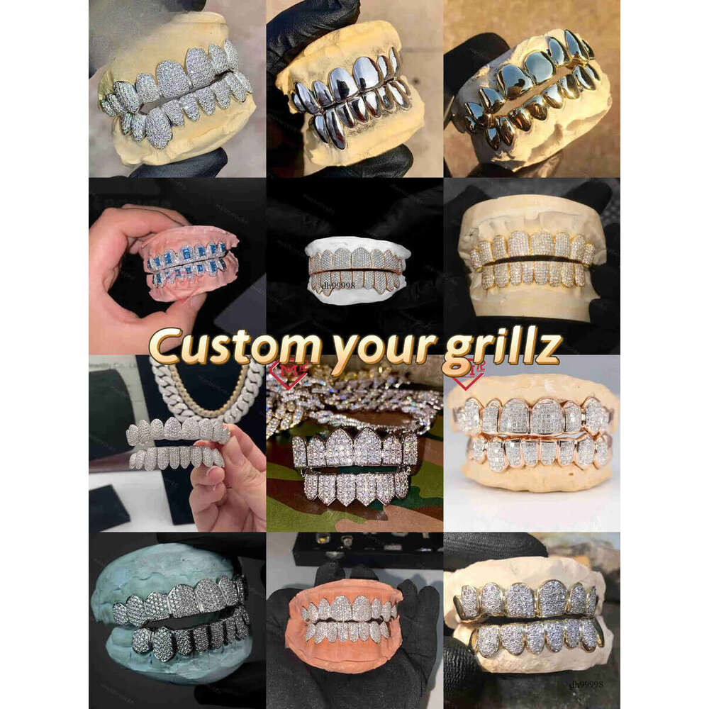 Custom Solid 10k Yellow Hand Made Iced Out Vvs Moissanite Teeth With Plain Gold Hip Hop Grillz For Men