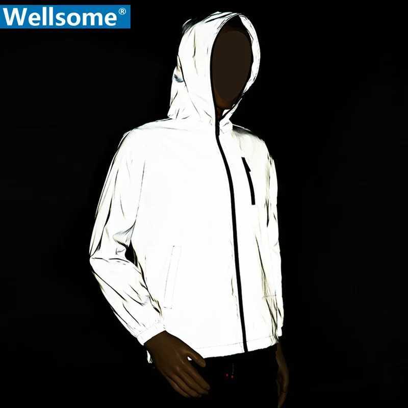 Noctilucent Full Reflective Jacket Men Women Harajuku Streetwear Mens Jackets Hooded Hip-Hop Outwear Night Shiny Zipper Coats W250809