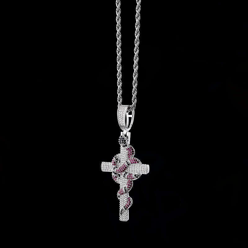 Cobra Cross Pendant Real Gold Plated Full Moissanite chain Men's Necklace Jewelry