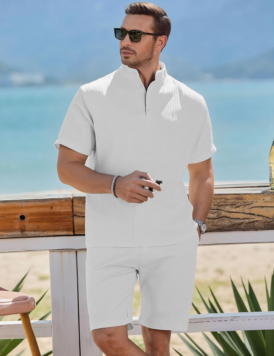 Men's Summer Beach Outfits 2 Piece Vintage Short Sleeve Henley Shirts and Shorts Vacation Texture Sets for Men