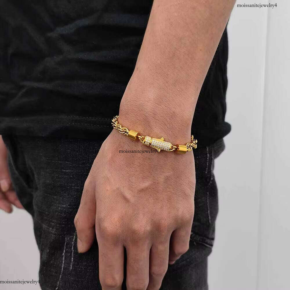 Nuoya New Style 6mm Iced Out Clasp Chain Stainless Steel Gold Plated Twist Rope Chaain Bracelet Jewelry for Women