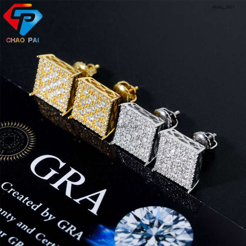 ICED OUT Classic Square Unisex Sier Plated Gold Moissanite Full Dia Earrings