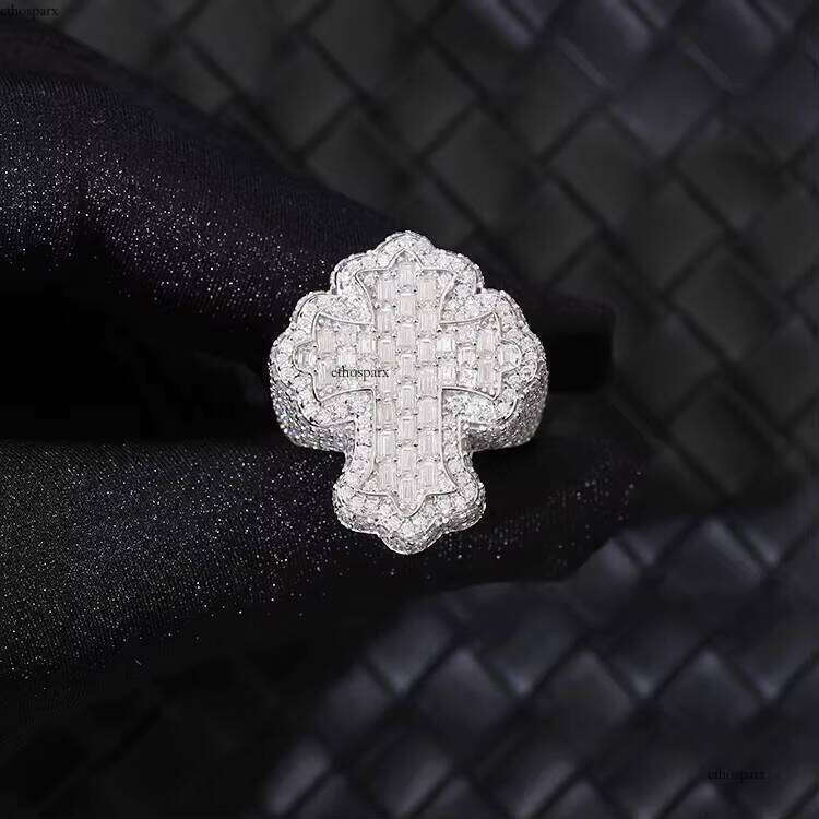 Pass Tester GRA Moissanite Men Ring Hip Hop Style Sier VVS Baguette Dia Link Cross Cuban Rings