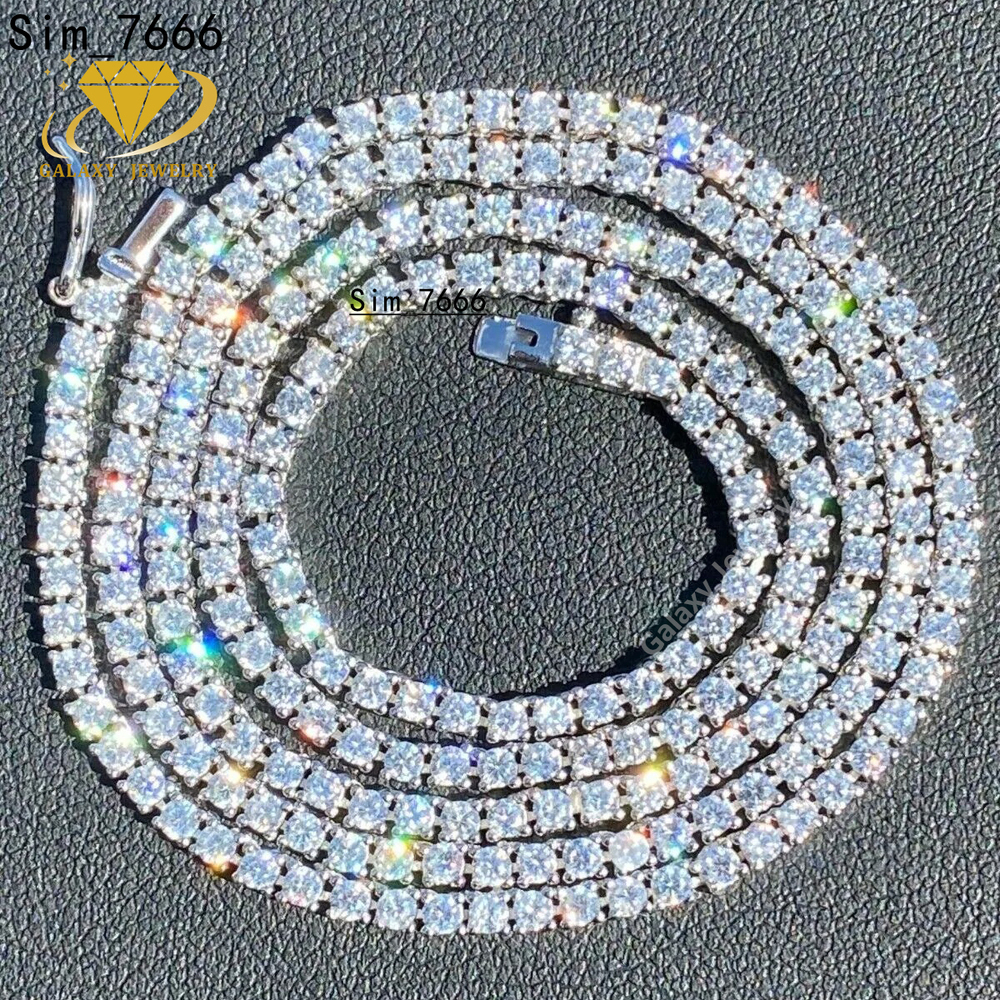 Iced Out Bling Tennis Chain Small Cluster Necklace 2mm Moissanite Diamond Collar Chains 925 Silver Hiphop Cuban Men Woman