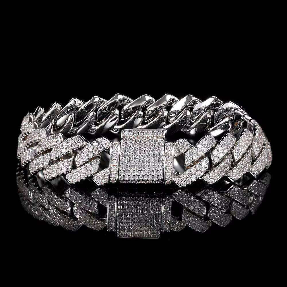 14mm Full Dia for Women Sier Plated Iced Out CZ Cuban Link Bracelet Fine Jewelry