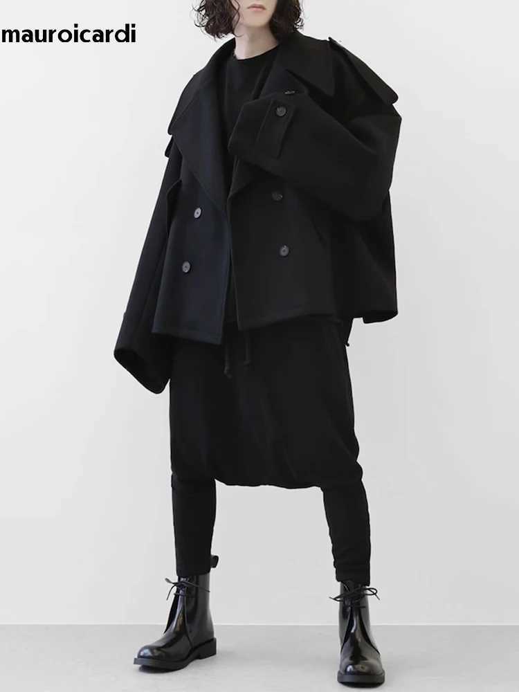 Mauroicardi Autumn Winter Warm Oversized Black Woolen Coat Men Cool Loose Luxury Dark Academia Aesthetic Vintage Clothes 2023 XJ250809