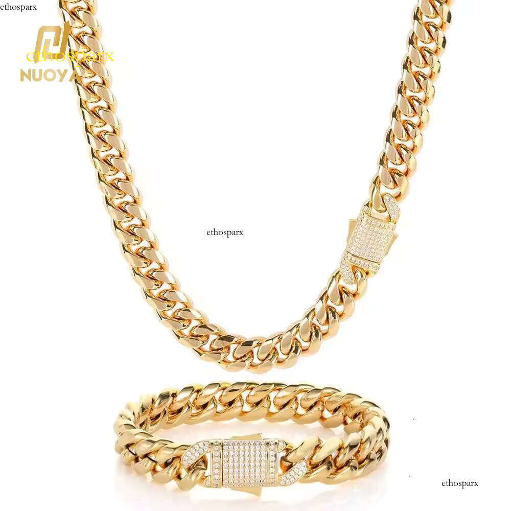 Unisex 10mm Cuban Link Necklace Micro Pave CZ Dia Clasp Stainless Steel Chain Gold Plated Jewelry for Men and Women's Gift
