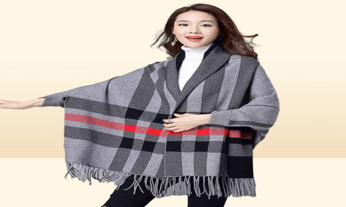 ZJZLL Fashion Long Fringed Multicolor Winter Warm Shawl And Wrap With Sleeves Plaid Knitted Pashmina Striped Cape Sweater Poncho Y8360924