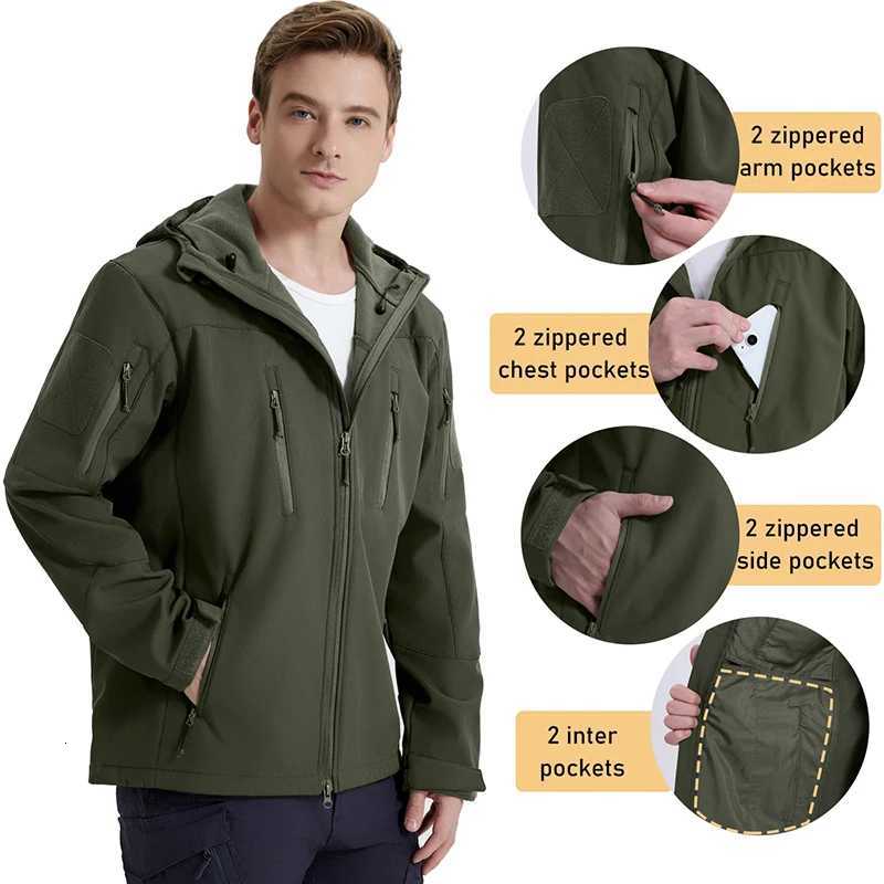 Mens Waterproof Softshell Tactical Jacket Winter Windproof Fleece Hoodie Jacket Outdoor Hiking Skiing Windbreaker Coat W250809
