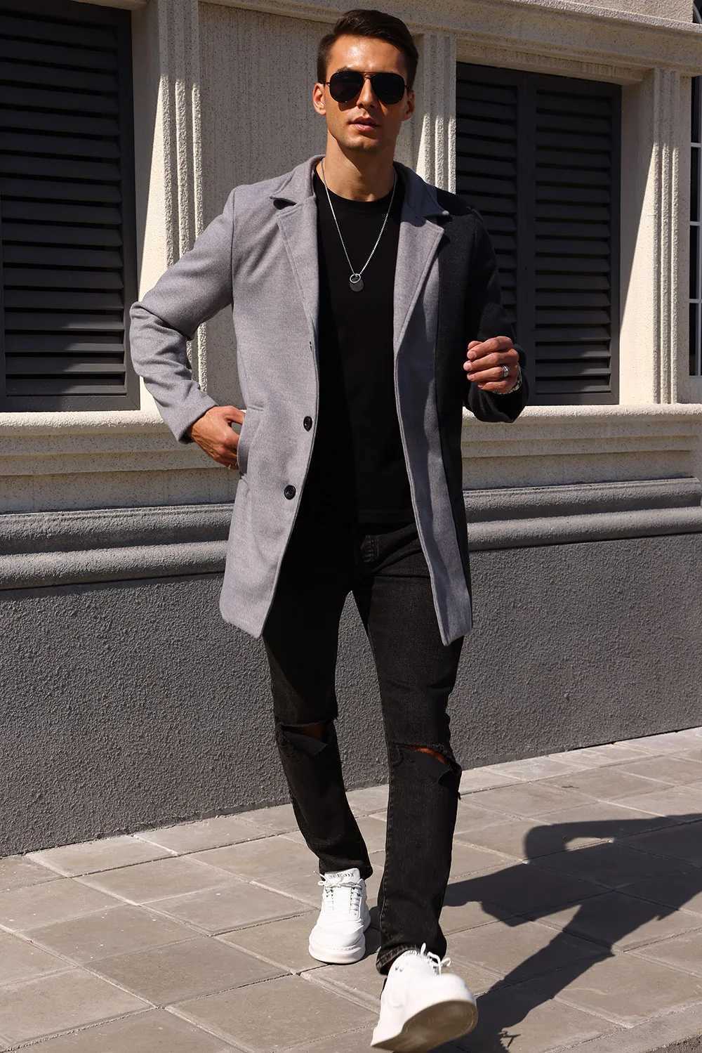 Mens Woolen Jacket Fashionable Versatile Color Block Coat Top XJ250809