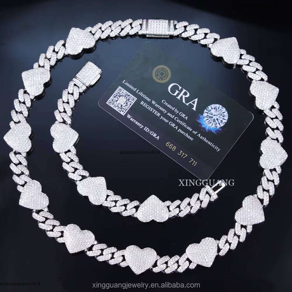 Moissanite Dias 8MM 10MM 12MM Iced Out Hip Hop Heart Cuban Link Chain Sier Plated Gold Necklace