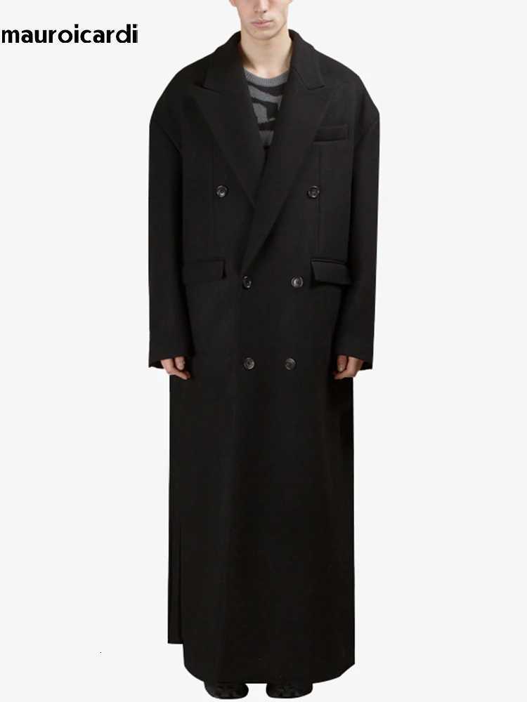 Mauroicardi Autumn Winter Extra Long Black Oversized Thick Warm Soft Wool Blends Coat Men Double Breasted Korean Fashion 2023 XJ250809