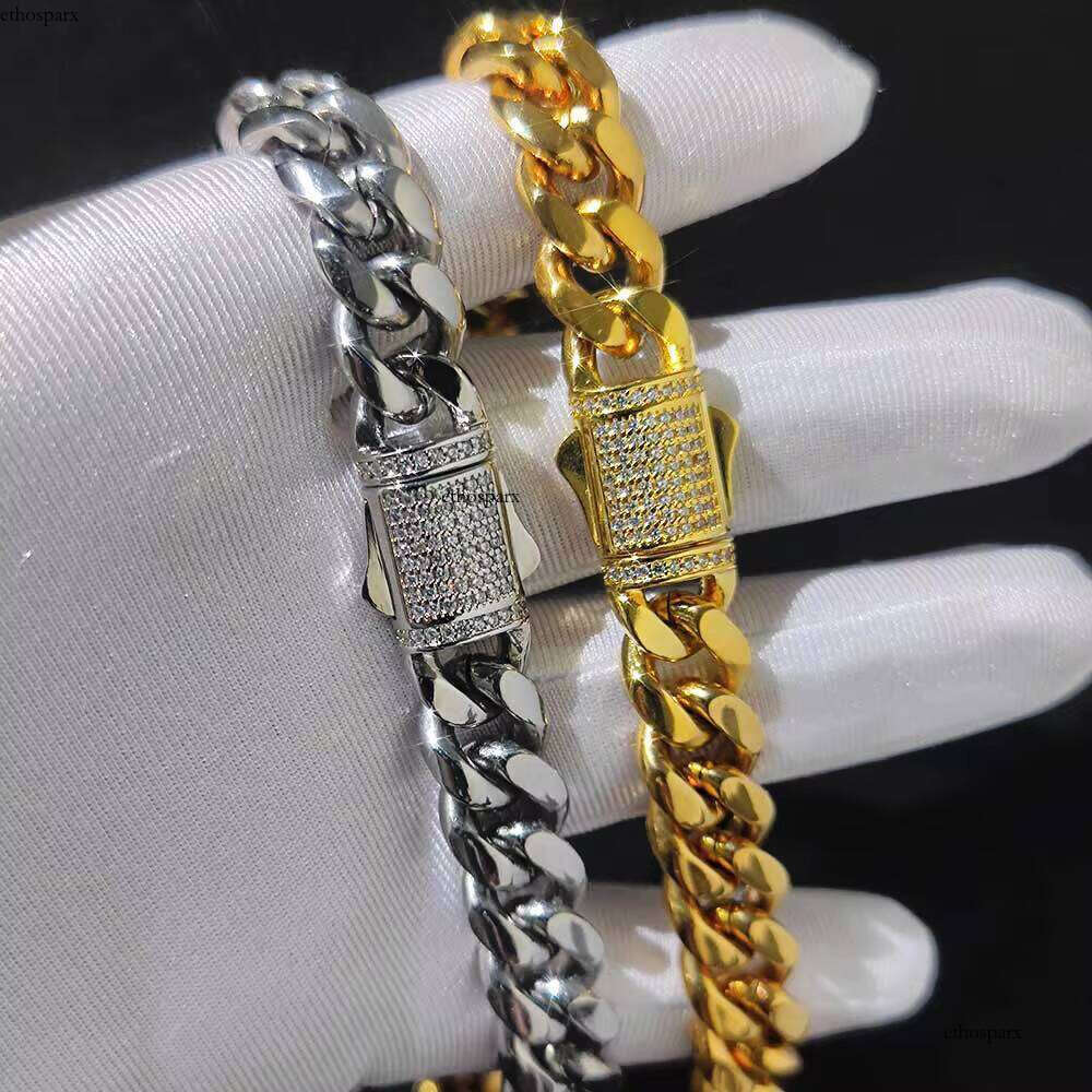 Nuoya 8/10/12mm Stainless Steel Cuban Link Iced Out Clasp Gold Plated Curb Chain Necklace
