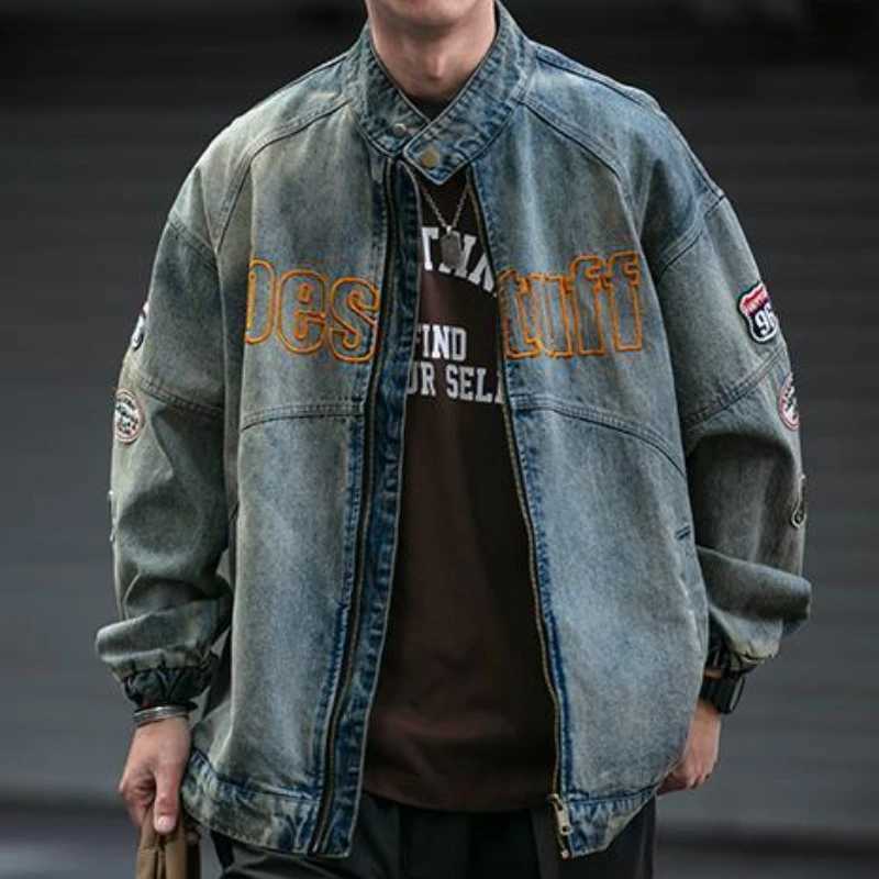 American Retro Denim Jacket Patch Embroidery Motorcycle Distressed Jeans Coat Men High Street Workwear Zipper Stand Collar Top W250809