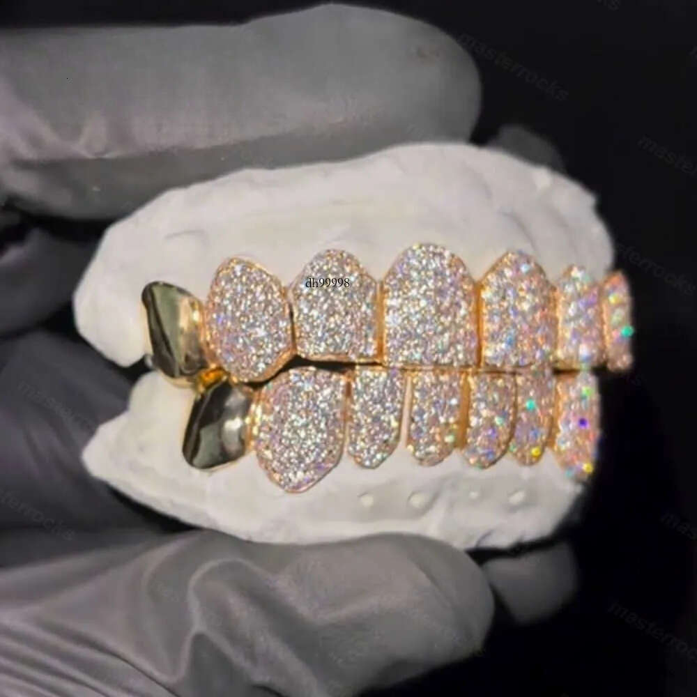 Custom Solid 10k Yellow Hand Made Iced Out Vvs Moissanite Teeth With Plain Gold Hip Hop Grillz For Men