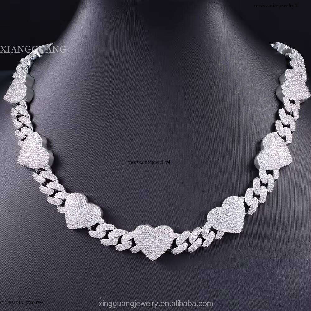 Moissanite Dias 8MM 10MM 12MM Iced Out Hip Hop Heart Cuban Link Chain Sier Plated Gold Necklace