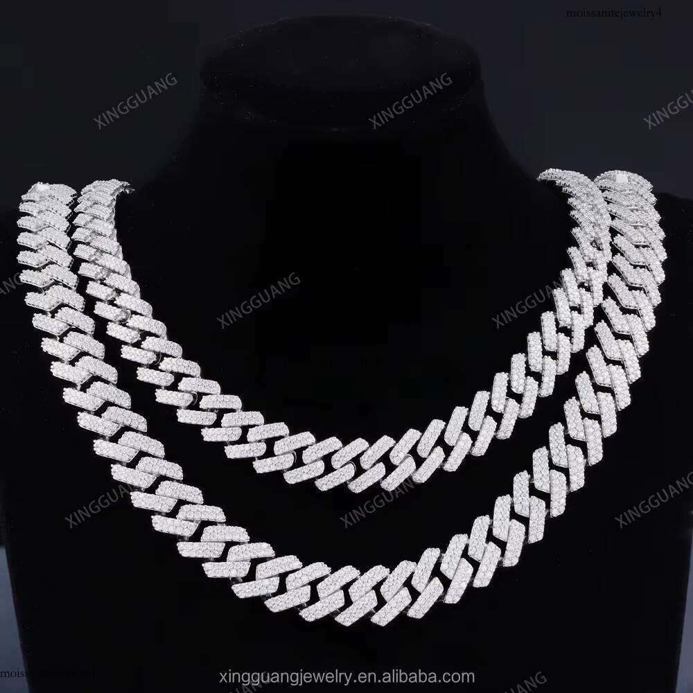 XingGuang 13mm 15mm 20mm Hip Hop Iced Out Necklace 100% Pass Dia Test Vvs Moissanite Sier Cuban Link Chain