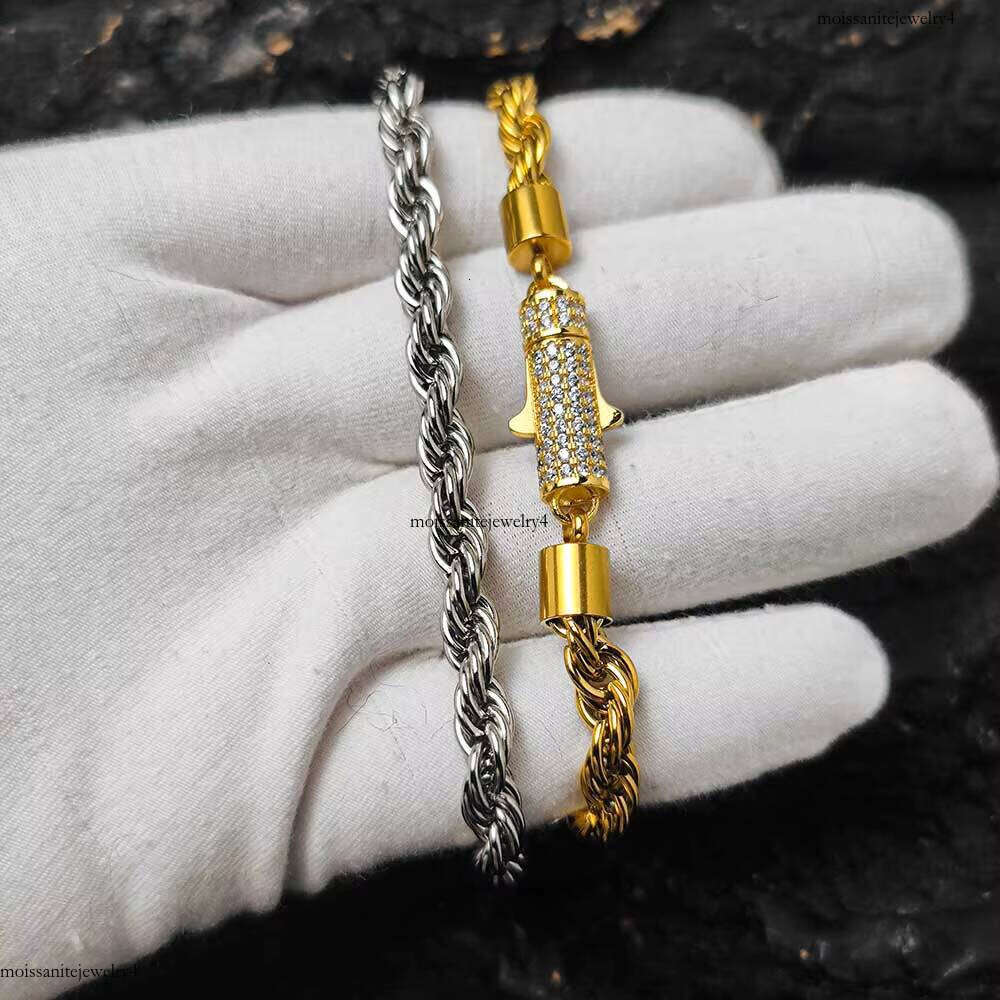 Nuoya New Style 6mm Iced Out Clasp Chain Stainless Steel Gold Plated Twist Rope Chaain Bracelet Jewelry for Women