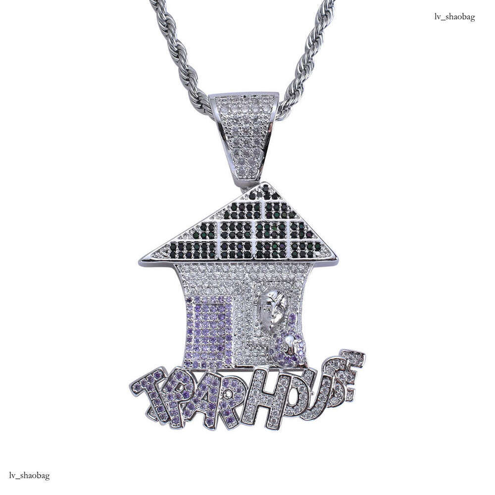 Trendy House Micro-Inlaid Colorful Moissanite chain Necklace TrapHouse Pendant Hip-Hop Accessories