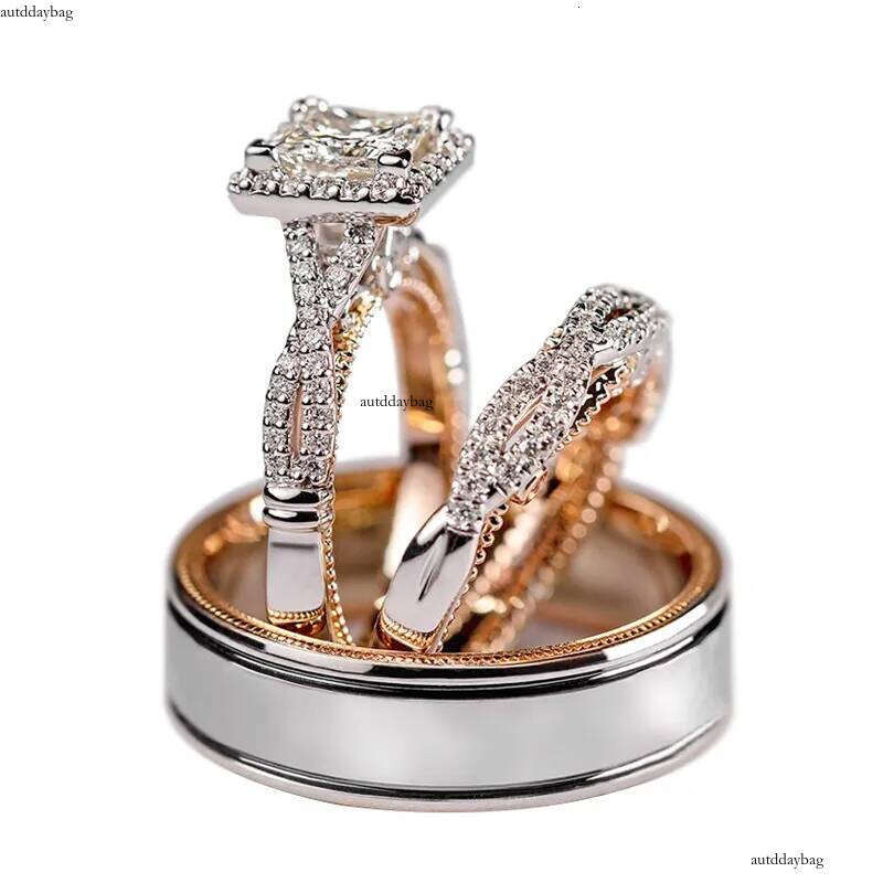 2025 Top Sell 3PCS Wedding Rings Vintage Jewelry Sterling Sier Rose Gold Fill Princess Cut White 5A Cubic Zircon CZ Dia Party Women Bride Couple Ring 